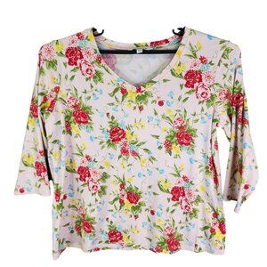Pioneer Woman Top Blouse Multicolor Floral V Neck 3/4 Sleeve Size L